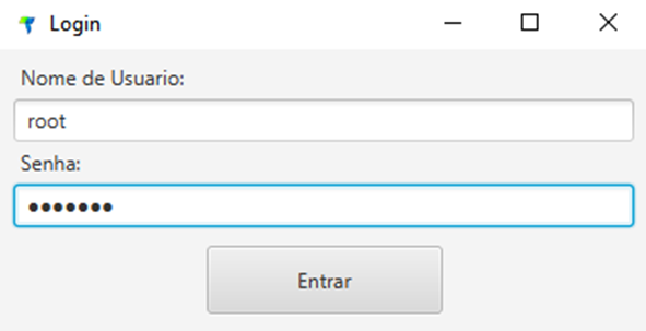 Tela de login do atualizador com campos Nome de Usuário preenchido como "root" e Senha e botão Entrar