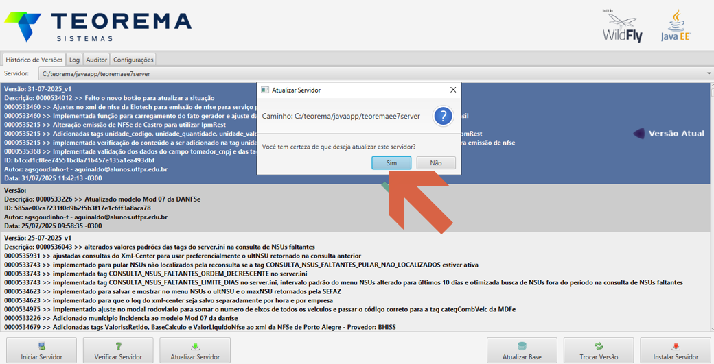 Caixa de diálogo "Atualizar Servidor" com o caminho do servidor e os botões Sim e Não