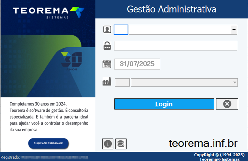 Tela de login do sistema Gestão Administrativa com campos de usuário, senha, data e empresa, e botão Login