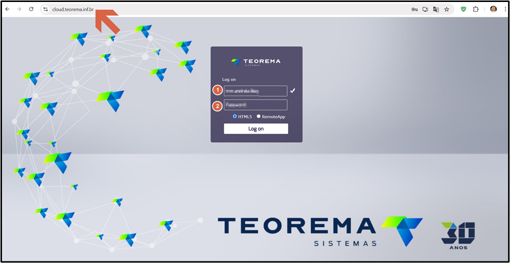 Tela de login do portal cloud.teorema.inf.br com campos numerados: campo 1 (Usuário), campo 2 (Senha), opções de conexão HTML5 e RemoteApp, e botão "Log on"