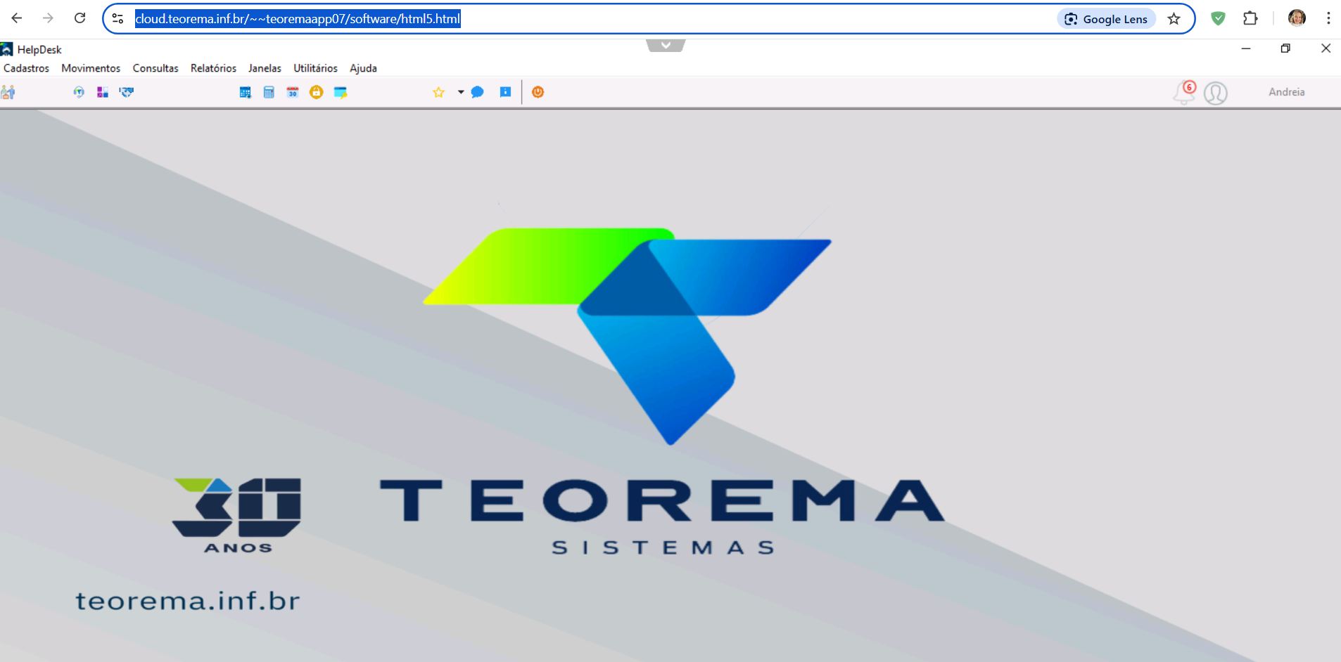 Tela principal do HelpDesk após login, exibindo barra de menus com as opções Cadastros, Movimentos, Consultas, Relatórios, Janelas, Utilitários e Ajuda, e logo Teorema Sistemas ao centro