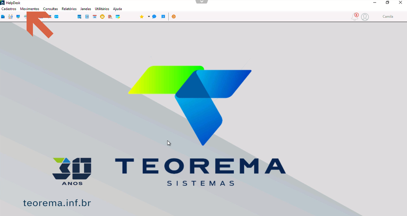 Tela principal do HelpDesk com seta vermelha apontando para o menu "Movimentos" na barra de menus superior