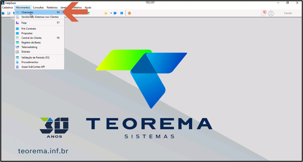 Menu suspenso de Movimentos com a opção "Chamadas F4" em destaque, seguida de outras opções: Versões dos Sistemas nos Clientes, Faqs, Pré-Contrato, Propostas, Central do Cliente, Registro de Bases, Telemarketing, Distrato, Validação de Período, Procedimentos, Asaas SubContas API