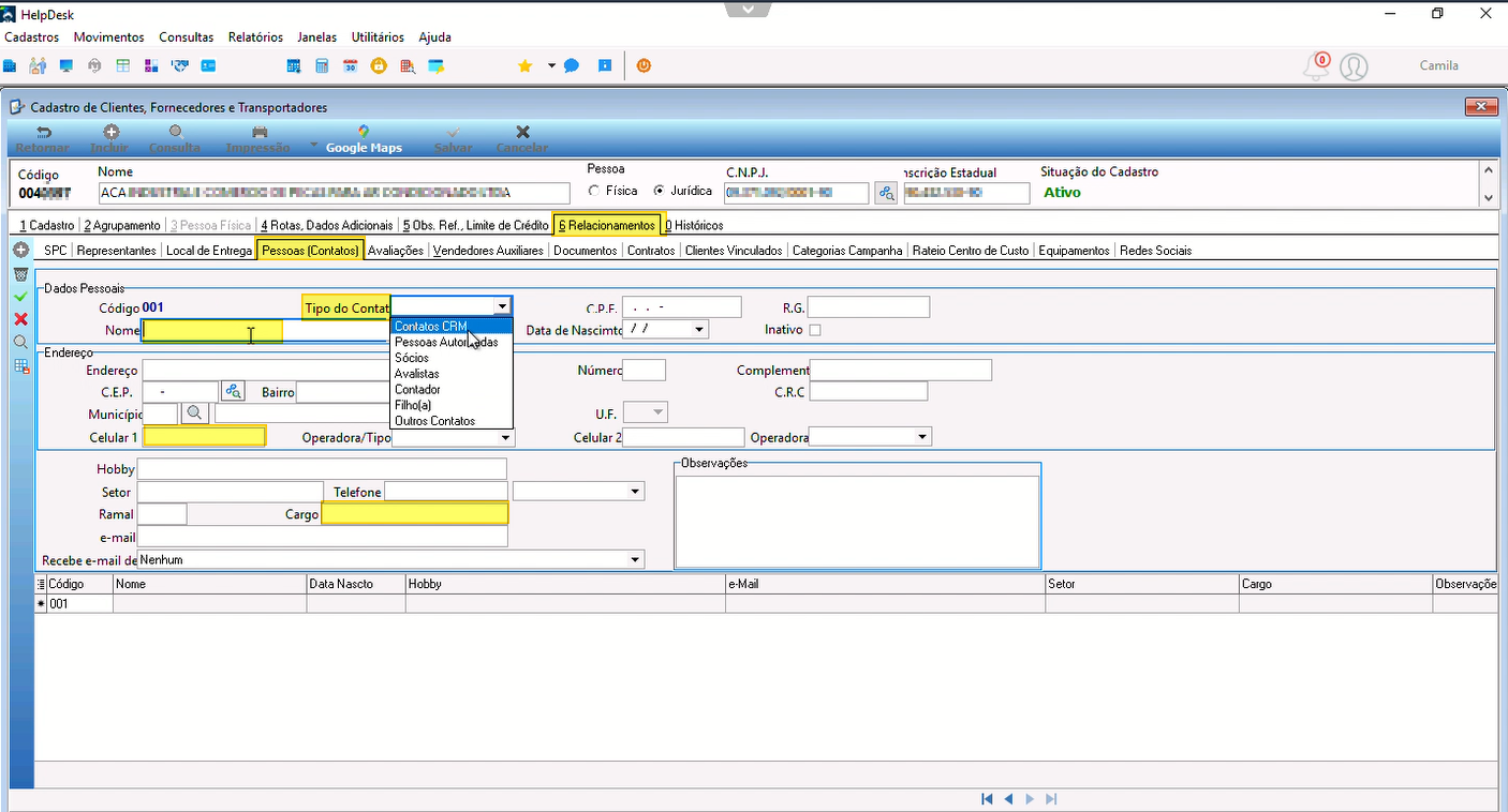 Tela de Cadastro de Clientes com aba "6 Relacionamentos" ativa e subaba "Pessoas (Contatos)" selecionada; campo "Tipo do Contato" com dropdown aberto exibindo opções: Contatos CRM, Pessoas Autorizadas, Sócios, Avalistas, Contatos, Filial/tal, Outros Contatos