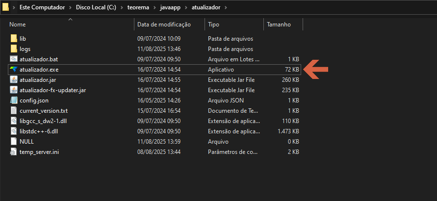 Explorador de Arquivos do Windows mostrando o diretório C:\teorema\javaapp\atualizador\ com o arquivo atualizador.exe destacado por seta, tamanho 72 KB