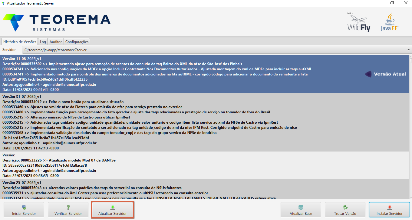 Atualizador TeoremaEE Server com painel Histórico de Versões exibindo versão atual 11-08-2025_v1 e botão Atualizar Servidor destacado na barra inferior