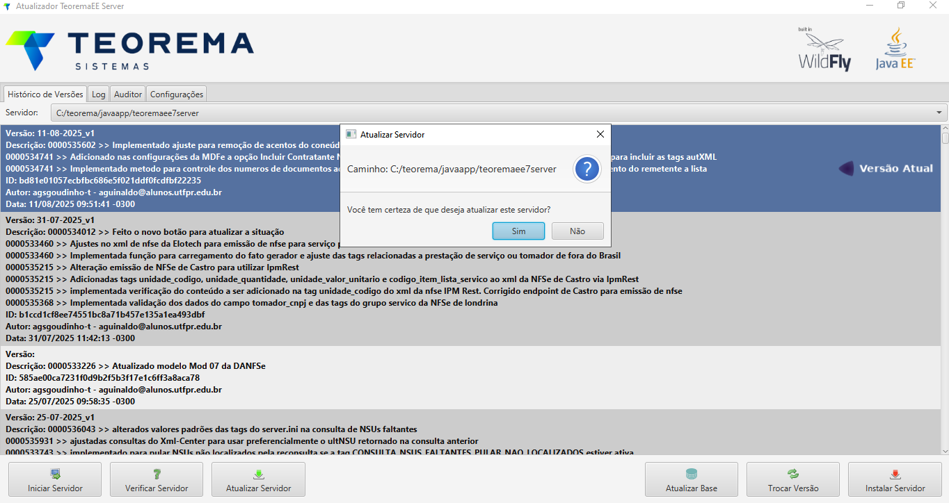 Diálogo "Atualizar Servidor" com a pergunta "Você tem certeza de que deseja atualizar este servidor?" e botões Sim e Não