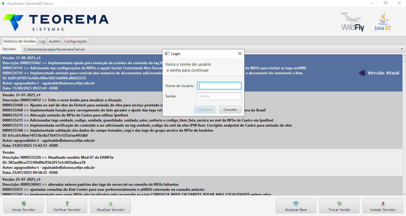 Diálogo de Login com campos Nome de Usuário e Senha, e botões Confirmar e Cancelar