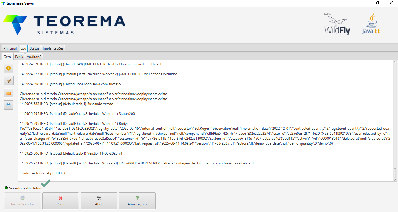Tela do servidor teoremaee7server com indicador "Servidor está Online" na parte inferior e aba Log exibindo mensagens de inicialização, incluindo "Controller found at port 8083"