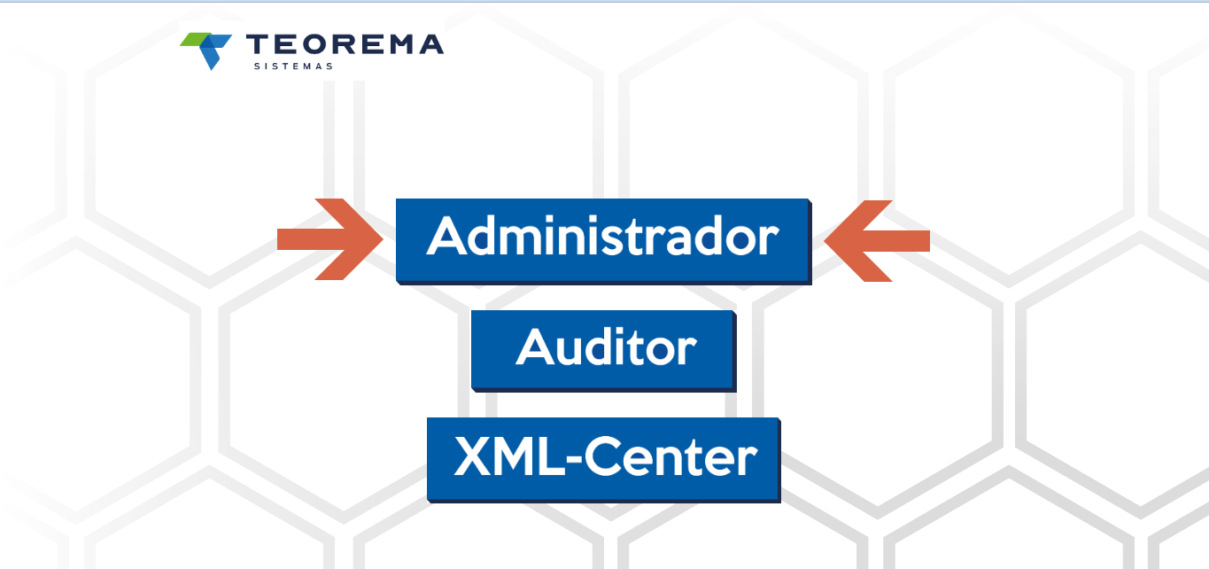 Tela de seleção de módulos com os botões Administrador, Auditor e XML-Center