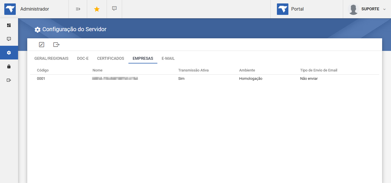 Módulo Administrador — tela Configuração do Servidor com aba EMPRESAS selecionada, exibindo empresa código 0001 com Transmissão Ativa: Sim, Ambiente: Homologação, Tipo de Envio de Email: Não enviar