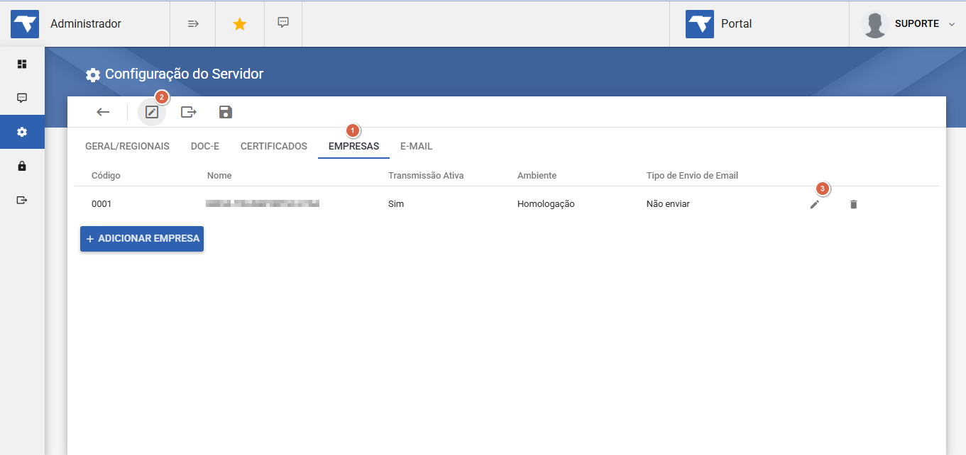 Módulo Administrador — aba EMPRESAS em modo de edição, com ícone de lápis e botão de edição na barra superior; empresa código 0001 listada com botões de editar e excluir