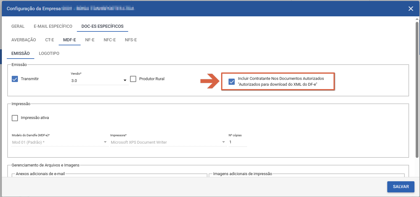 Configuração da Empresa — aba DOC-ES ESPECÍFICOS, subaba MDF-E, opção "Incluir Contratante Nos Documentos Autorizados / Autorizados para download do XML do DF-e" marcada; botão SALVAR visível