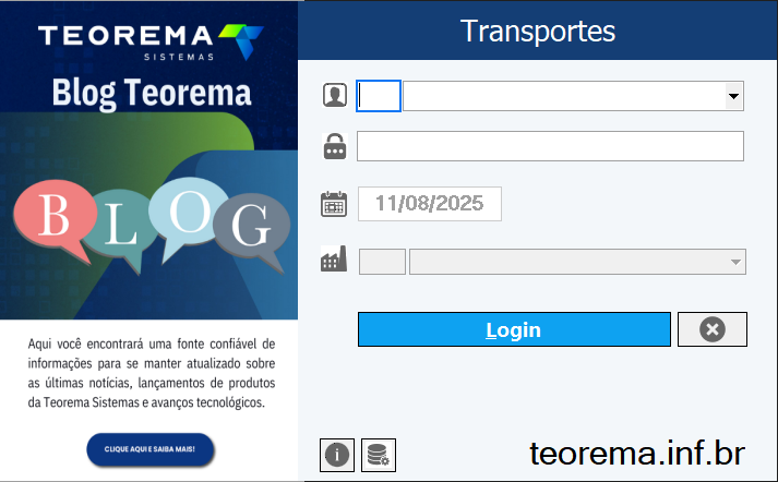 Tela de login do módulo Transportes com campos de usuário, senha, data (11/08/2025) e empresa, e botão Login