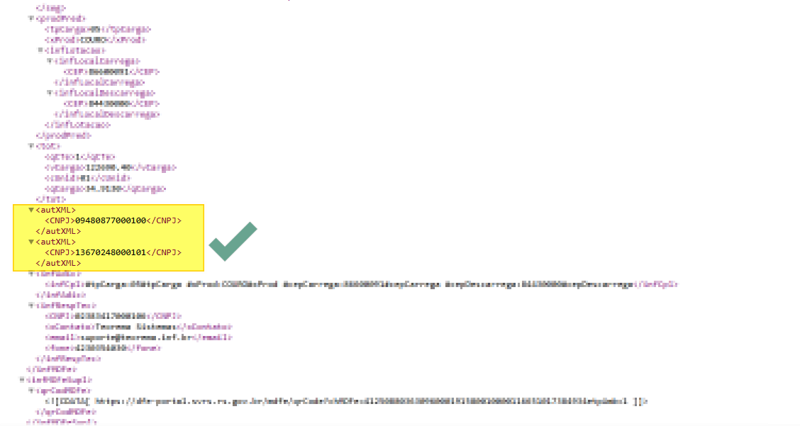 XML do MDF-e autorizado com as tags autXML destacadas, contendo dois blocos com CNPJ do remetente e do destinatário