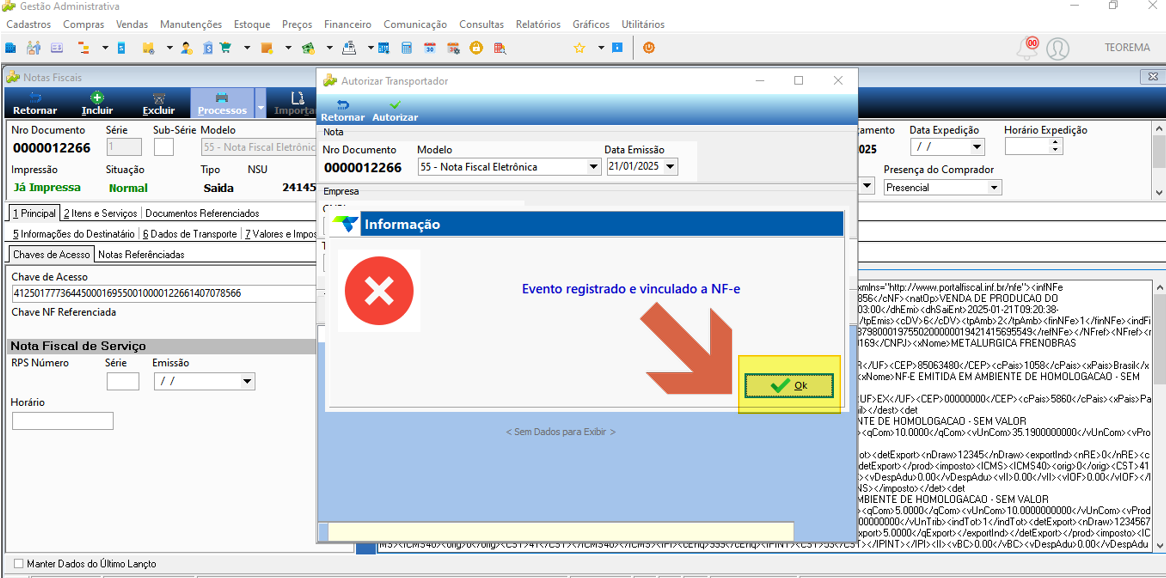 Janela de Informação com mensagem "Evento registrado e vinculado a NF-e", chave de acesso da nota e conteúdo do XML de retorno da SEFAZ