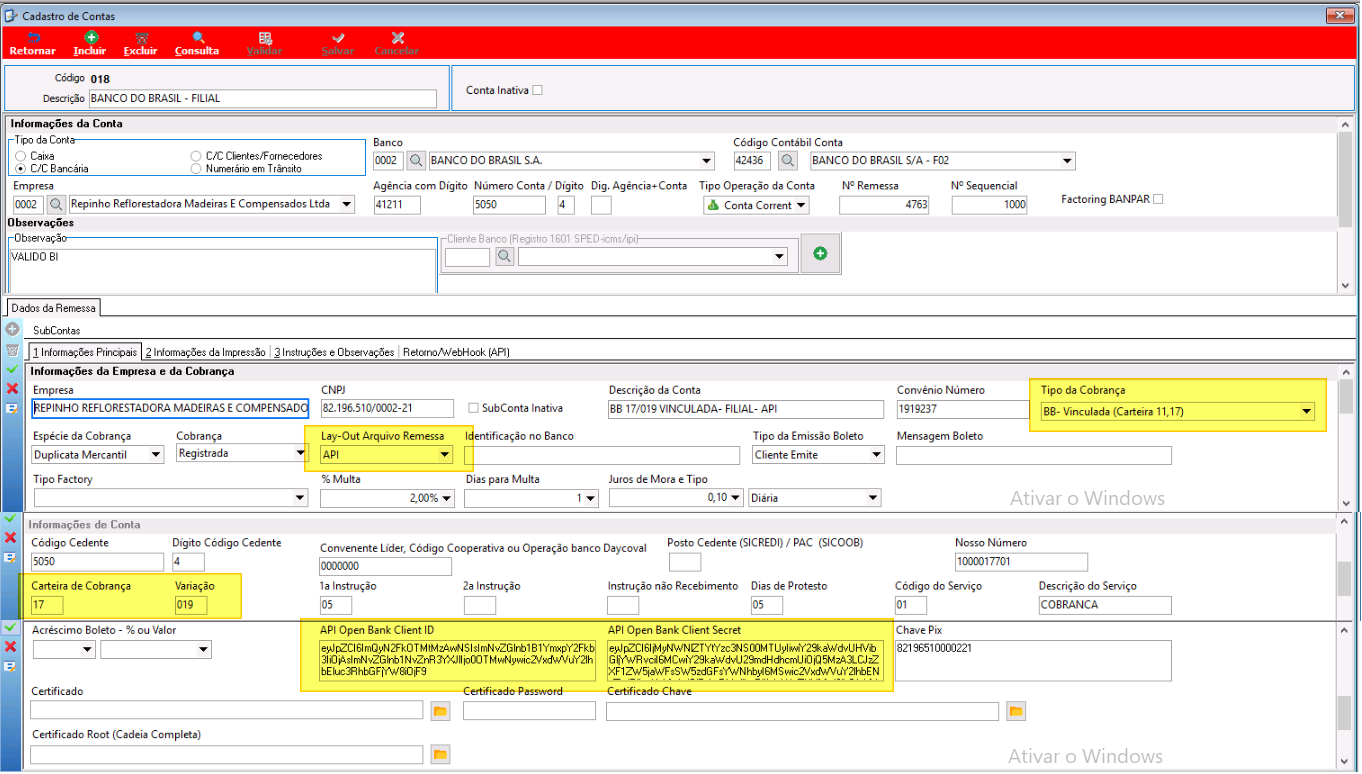 Formulário de edição da subconta BB 17/019 Vinculada – API com campos Tipo de Cobrança, Layout Arquivo Remessa, Carteira de Cobrança, Variação, API Open Bank Client ID e API Open Bank Client Secret destacados