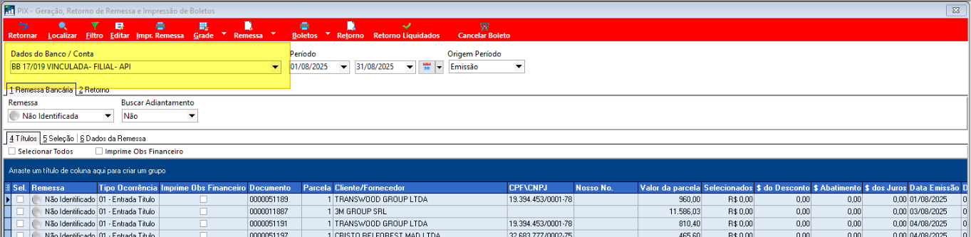 Tela PIX – Geração, Retorno de Remessa e Impressão de Boletos com o campo Dados do Banco / Conta preenchido com "BB 17/019 VINCULADA- FILIAL- API", período de 01/08/2025 a 31/08/2025, aba Remessa Bancária selecionada e lista de títulos exibindo documentos das empresas TRANSWOOD GROUP LTDA e 3M GROUP SRL