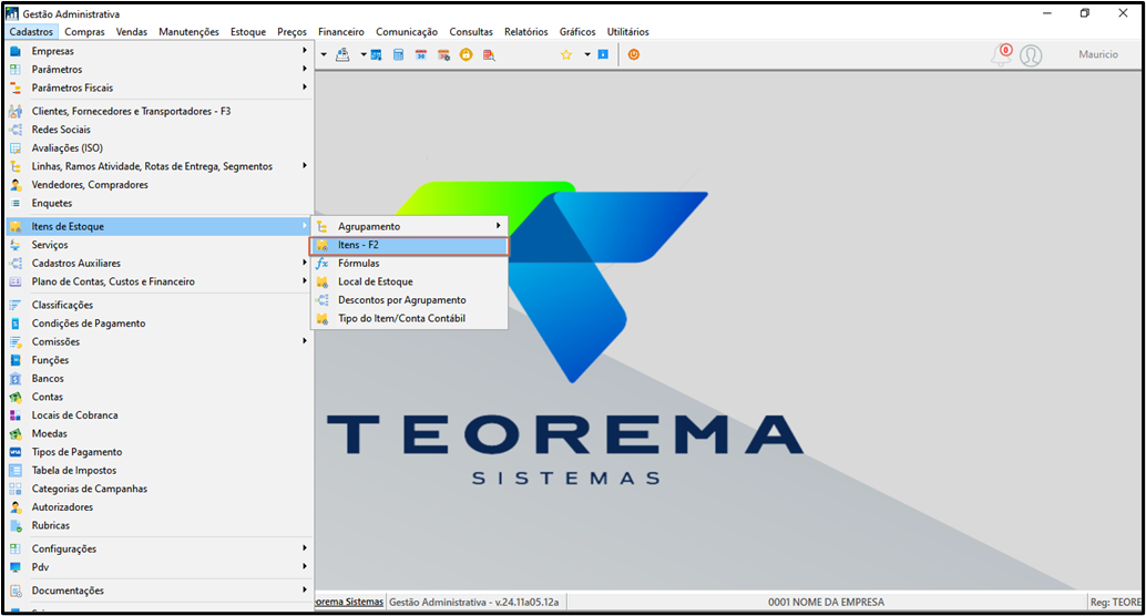 Menu Cadastros com submenu Itens de Estoque aberto, mostrando a opção Itens – F2
