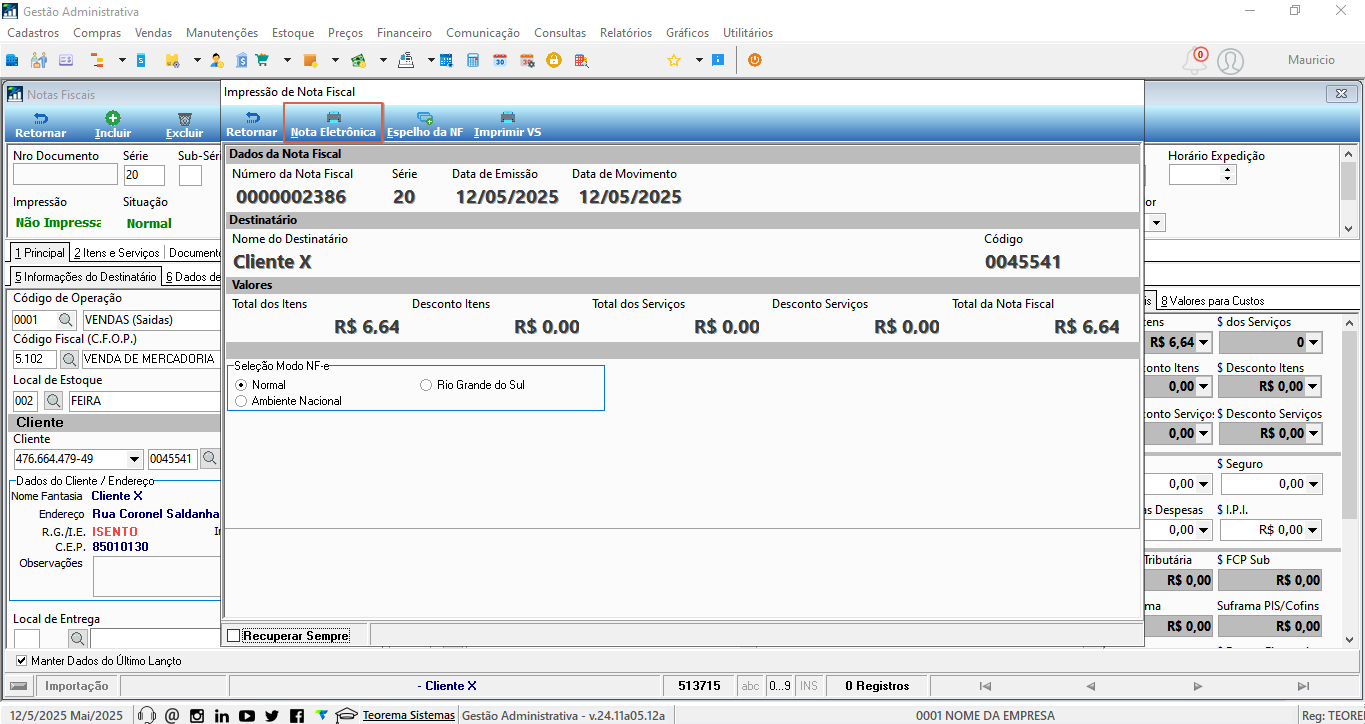 Tela Impressão de Nota Fiscal com dados da NF-e número 00000002386, série 20, data 12/05/2025, destinatário Cliente X, valor total R$ 6,64 e painel Seleção Modo NF-e com opção Normal marcada