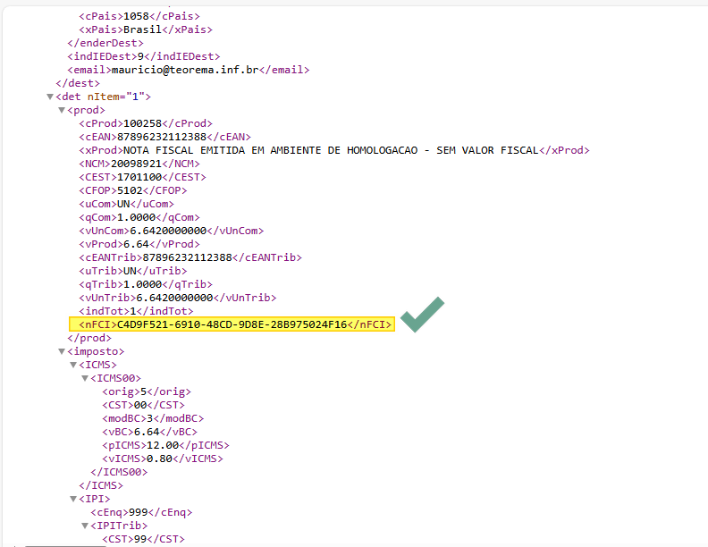 Trecho do XML da NF-e autorizada exibindo a tag nFCI com o valor C4D9F521-6910-48CD-9D8E-28B975024F16 destacada, dentro do bloco det nItem 1 com dados de produto, NCM, CFOP, CST e ICMS