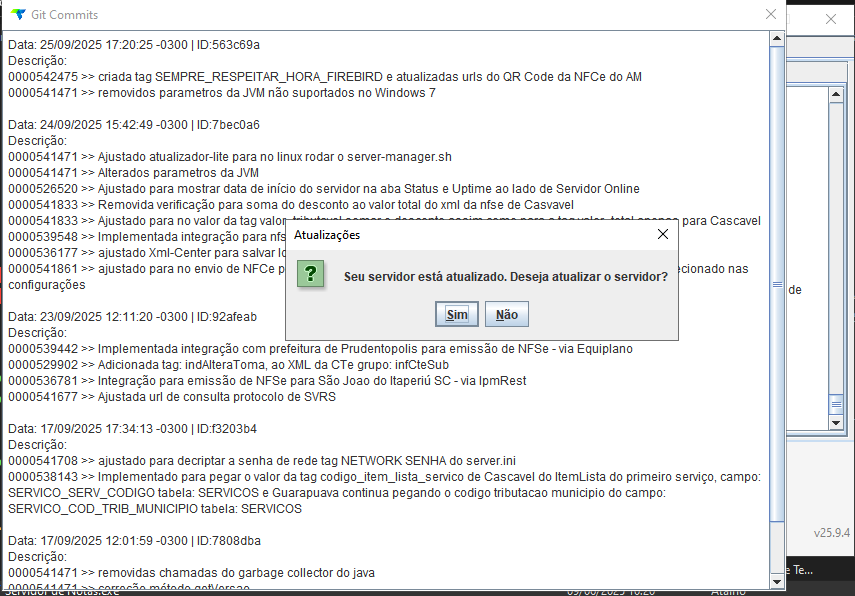 Janela de atualização do servidor de notas exibindo diálogo "Atualizações" com a mensagem "Seu servidor está atualizado. Deseja atualizar o servidor?" e botões Sim e Não