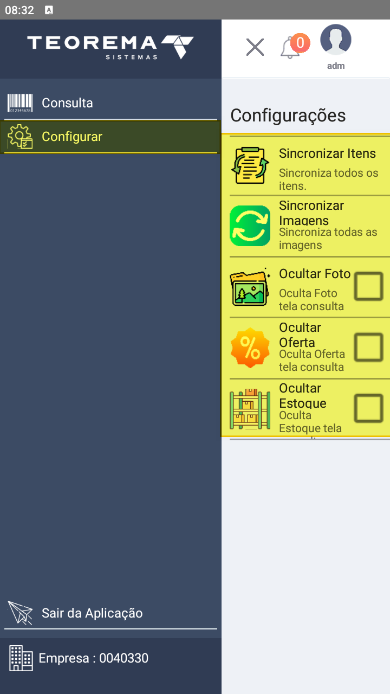 Menu lateral do aplicativo aberto na seção "Configurar", exibindo as opções Sincronizar Itens, Sincronizar Imagens, Ocultar Foto (com checkbox), Ocultar Oferta (com checkbox) e Ocultar Estoque (com checkbox); no painel esquerdo: itens "Consulta" e "Configurar"; na barra inferior: "Sair da Aplicação" e "Empresa: 0040330"; usuário "adm" no canto superior direito