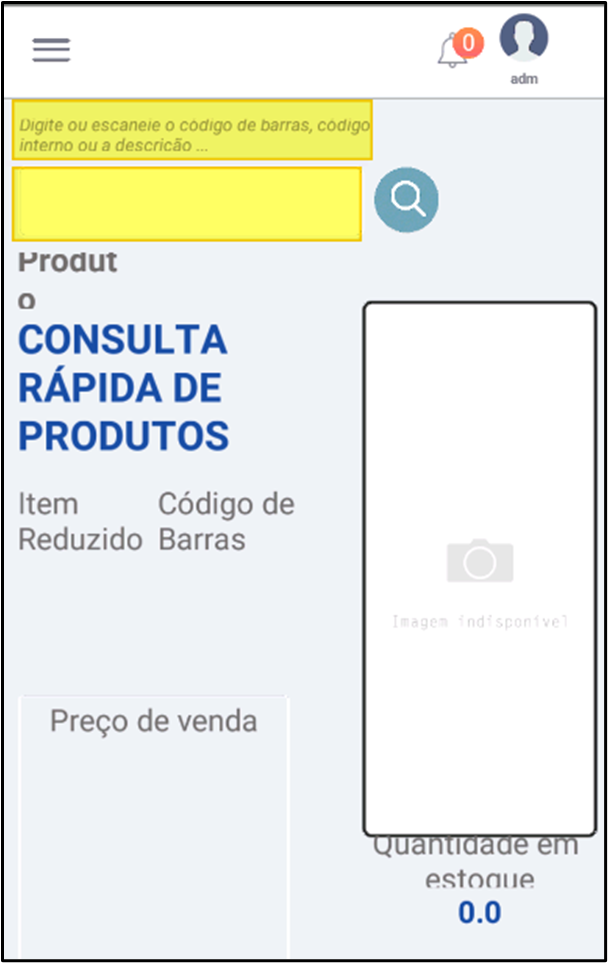 Tela principal "CONSULTA RÁPIDA DE PRODUTOS" com campo de busca em destaque contendo instrução "Digite ou escaneie o código de barras, código interno ou a descrição...", ícone de lupa, e área de resultado com campos Item Reduzido, Código de Barras, espaço para imagem do produto, Preço de venda e Quantidade em estoque (0.0)