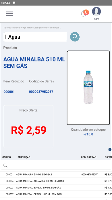 Tela de resultado da busca por "Agua" exibindo o produto principal "AGUA MINALBA 510 ML SEM GÁS" com Item Reduzido 000001, Código de Barras 0000987952057, Preço Oferta R$2,59, Quantidade em estoque -710,0 e imagem do produto; lista inferior com produtos 000001 AGUA MINALBA, 000004 AGUA MINERAL AGUAVITA, 000003 AGUA MINERAL BOREAL e 000007 AGUA MINERAL CRISTAL