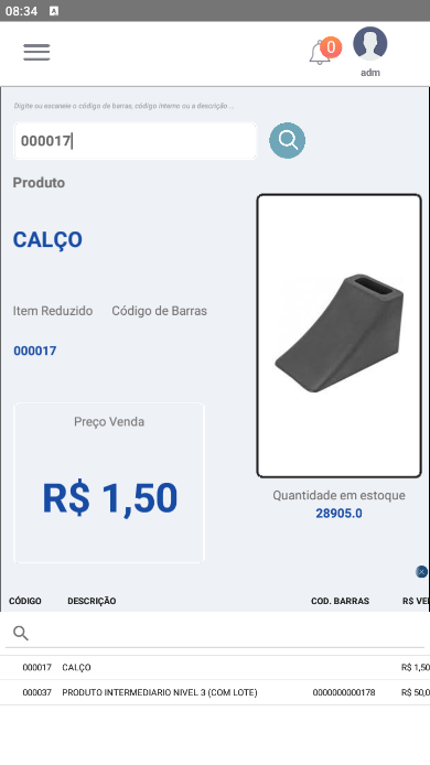Tela de resultado da busca por código reduzido "000017" exibindo o produto "CALÇO" com Item Reduzido 000017, Preço Venda R$1,50, Quantidade em estoque 28905,0 e imagem do produto; lista inferior com 000017 CALÇO e 000037 PRODUTO INTERMEDIARIO NIVEL 3 (COM LOTE) com código de barras 000000000178