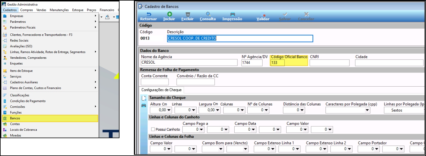 Tela Cadastro de Bancos com menu lateral mostrando o item Bancos selecionado e formulário à direita com campos: Código (0013), Descrição (CRESOL COOP. DE CREDITO), Nome da Agência (CRESOL), Nº Agência/DV (1744) e Código Oficial Banco (133) destacado em amarelo