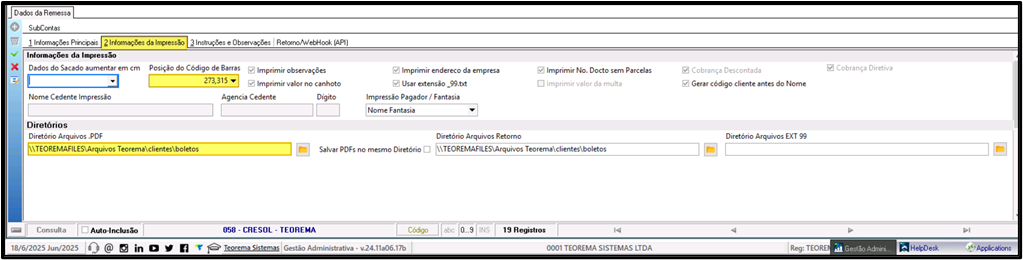 Tela Cadastro de Contas com aba 2 Informações da Impressão aberta, mostrando campo Posição do Código de Barras (273,315) em amarelo, campo Impressão Pagador/Fantasia com opção Nome Fantasia selecionada, campo Diretório Arquivos .PDF (\\TEOREMAFILES\Arquivos Teorema\clientes\boletos) em amarelo e campo Diretório Arquivos Retorno