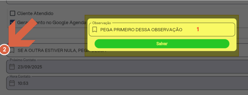 Tela do CRM mostrando dois campos de observação: campo 1 (em destaque amarelo) com o rótulo "Observação" e campo 2 (indicado por seta vermelha) abaixo; o campo 1 tem prioridade no preenchimento da descrição do evento