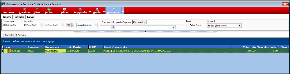 Tela Movimento de Entrada e Saída de Itens e Serviços com abas Saídas, Entradas e Todos, filtros de período e fornecedor, e grid exibindo o documento 0000056056 do fornecedor AGRINESS SISTEMAS E TECNOLOGIAS DE INFORMACAO S/A
