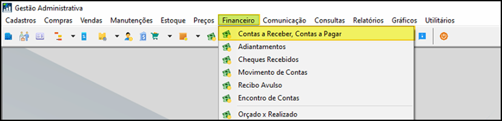 Menu Financeiro expandido com a opção Contas a Receber, Contas a Pagar destacada