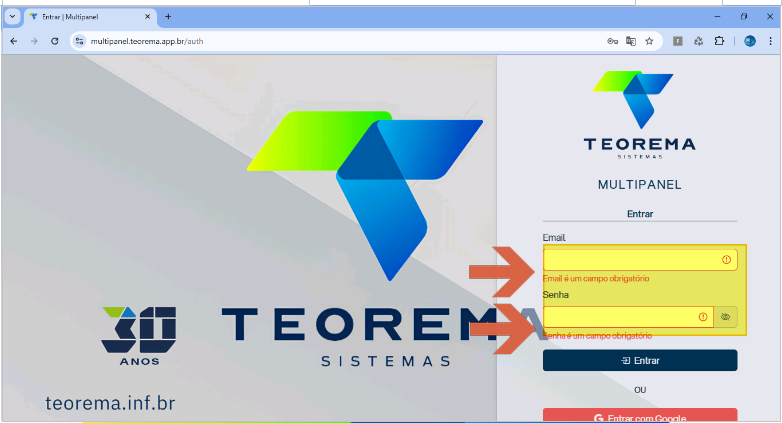 Tela de login do Multipanel Teorema em multipanel.teorema.app.br/auth, com campos Email e Senha destacados e mensagens de validação obrigatória visíveis