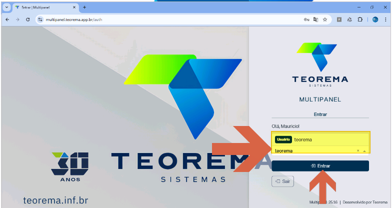 Tela de login do Multipanel após preenchimento, exibindo campo Usuário com valor "teorema" selecionado e botão "Entrar"