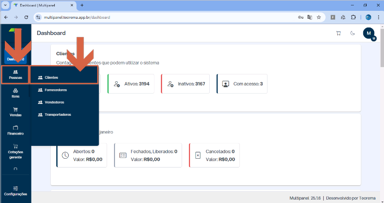 Dashboard do Multipanel em multipanel.teorema.app.br/dashboard, com menu lateral expandido mostrando o submenu de "Pessoas" com as opções Clientes, Fornecedores, Vendedores e Transportadores