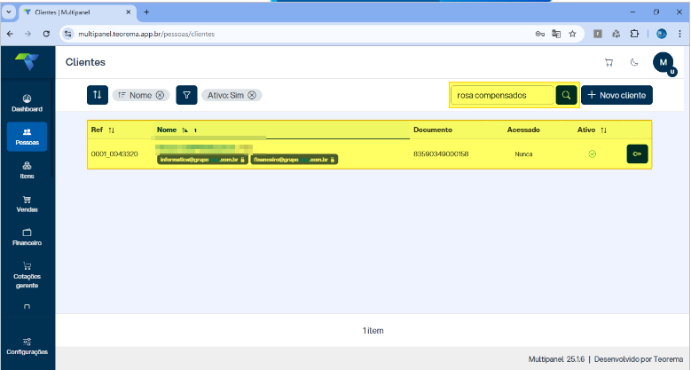 Tela Clientes do Multipanel com filtro ativo e um cliente listado exibindo campos Ref, Nome, Documento, Acessado e Ativo