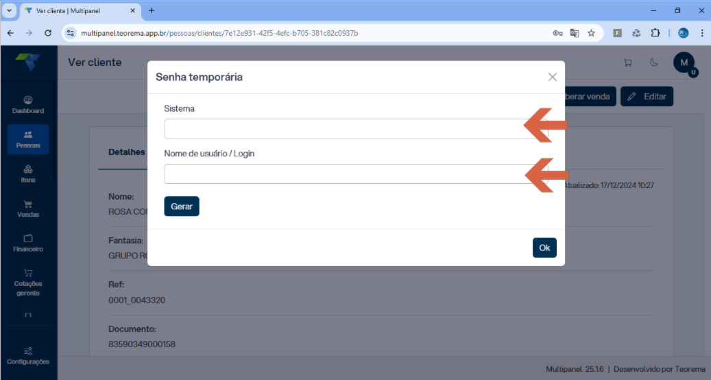Janela modal "Senha temporária" com campos "Sistema" e "Nome de usuário / Login" vazios e botões "Gerar" e "Ok"