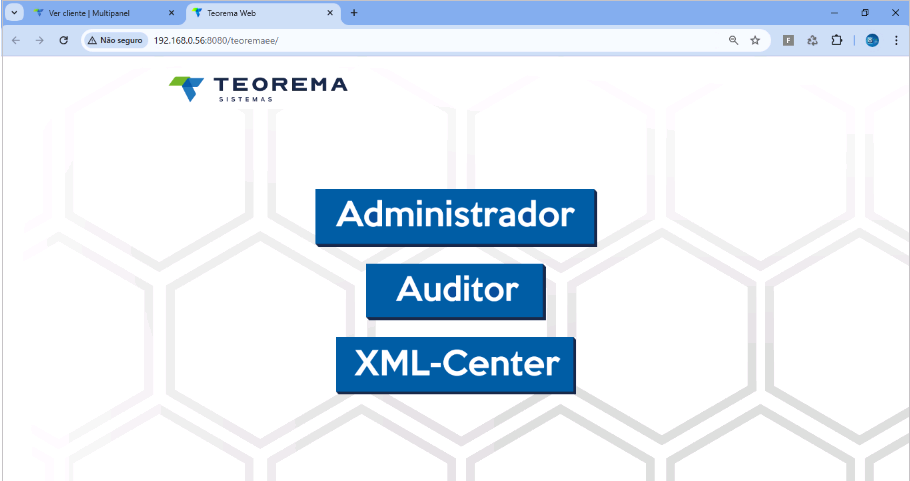 Página inicial do Teorema Web exibindo três botões de acesso: "Administrador", "Auditor" e "XML-Center"