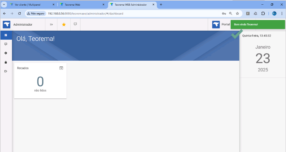 Tela do Teorema WEB Administrador após login bem-sucedido, exibindo mensagem "Bem vindo Teorema!" e dashboard com painel "Recados — 0 não lidos"