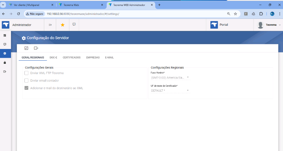 Tela "Configuração do Servidor" no Teorema WEB Administrador com abas Geral/Regionais, DOC-E, Certificados, Empresas e E-mail; seções Configurações Gerais (Enviar XML FTP Teorema, Enviar email contador, Adicionar e-mail do destinatário ao XML) e Configurações Regionais (Fuso Horário, UF de teste de Certificado) visíveis