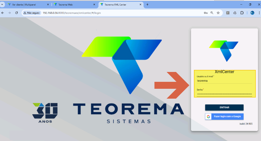 Tela de login do Teorema XML Center em /teoremaee/xmlcenter/#/login com campos "Usuário ou E-mail" e "Senha" preenchidos e botões "ENTRAR" e "Fazer login com o Google"