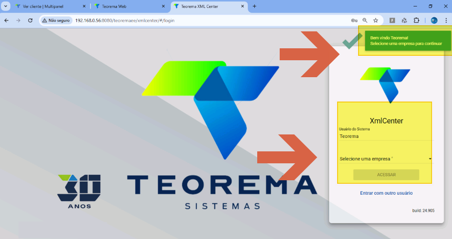 Tela do XmlCenter após login exibindo mensagem "Bem vindo Teorema! Selecione uma empresa para continuar", campo "Usuário do Sistema: Teorema" e campo "Selecione uma empresa" com botão "ACESSAR"