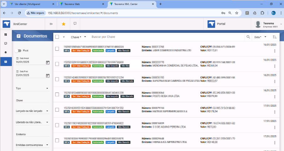 Tela Documentos do XmlCenter exibindo lista de NF-e com colunas Chave, Número, CNPJ/CPF, Emitente, Valor e Data; filtros de Data Inicial, Data Final, Tipo, Chave, Lançado/não lançado, Liberado/não liberado e Emitente no painel lateral