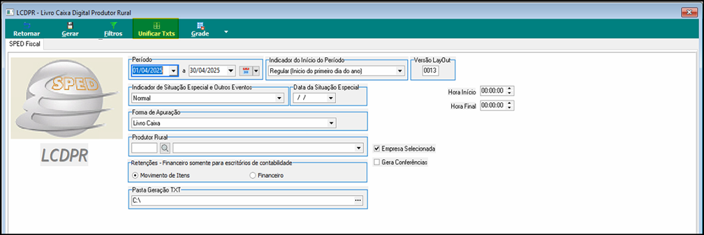 Tela LCDPR - Livro Caixa Digital Produtor Rural com botão Unificar Txts selecionado na barra superior, campos de Período, Indicador do Início do Período, Versão LayOut, Forma de Apuração e Pasta Geração TXT