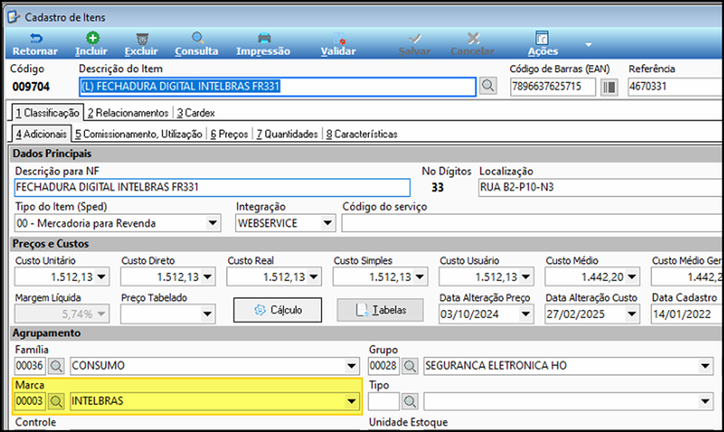 Cadastro de Itens com campo Marca preenchido com código 00003 e descrição INTELBRAS; item exibido: FECHADURA DIGITAL INTELBRAS FR331
