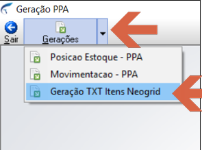 Módulo Geração PPA com menu Gerações aberto, exibindo as opções Posicao Estoque - PPA, Movimentacao - PPA e Geração TXT Itens Neogrid (destacada por seta)