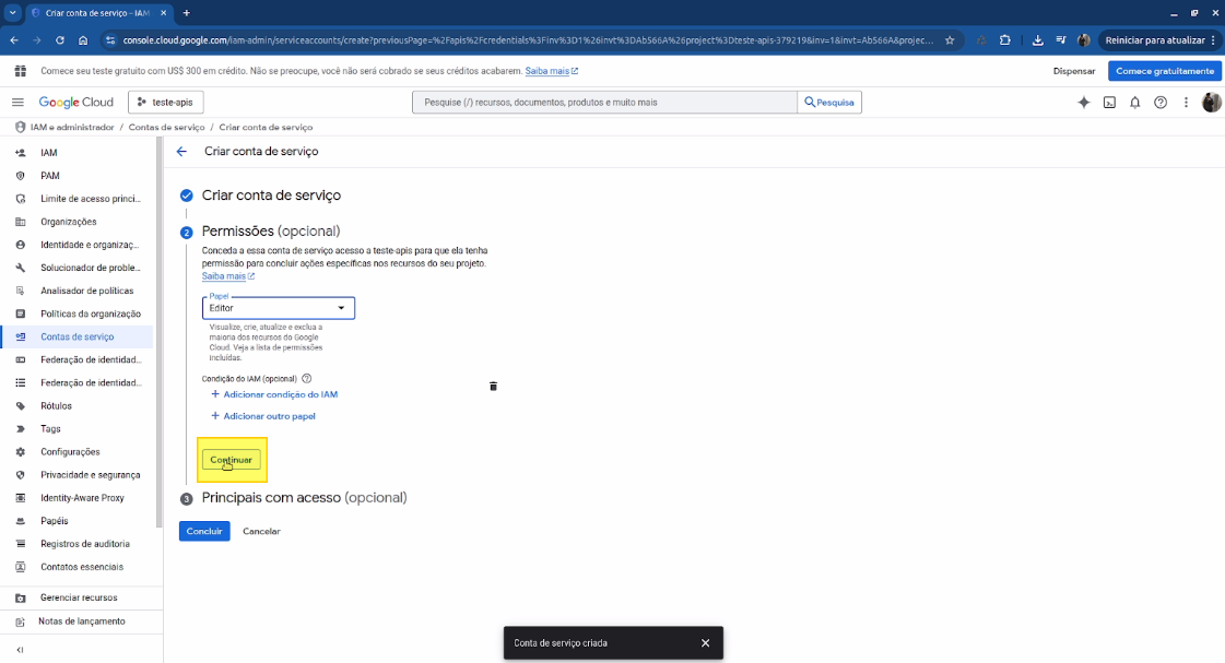Etapa Permissões (opcional) com papel Editor selecionado e confirmado; botão Continuar destacado em amarelo; seção Principais com acesso (opcional) e botão Concluir visíveis abaixo